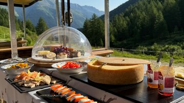 A lovingly arranged outdoor buffet with a variety of dishes, including cheese, fruit, and open-faced sandwiches. In the background, there is a picturesque mountain landscape with trees.