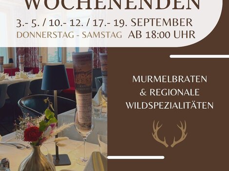 An inviting poster for the marble weekends at the mountain inn Piz Buin. It provides information about special dishes and reservation options.