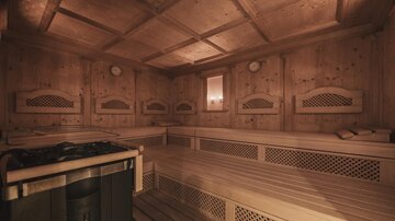 Eine gemütliche Sauna mit Holzvertäfelung und Bänken zum Entspannen. Sanfte Beleuchtung schafft eine beruhigende Atmosphäre.