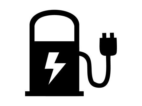 Eine stilisierte Grafik einer Ladestation für Elektrofahrzeuge. Sie zeigt einen Stecker und ein Blitzsymbol.