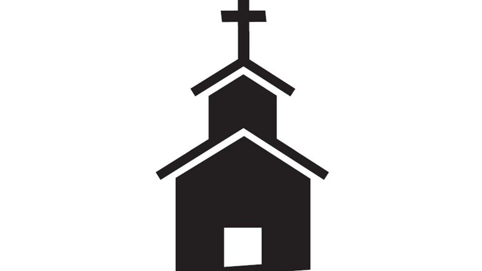 Eine stilisierte Kirche mit einem Kreuz auf dem Dach. Das Design ist einfach und modern.