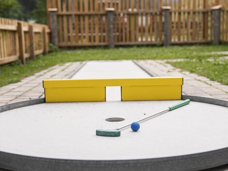 A mini golf course with a round playing area and a yellow target wall. The ball and the club are ready to play.