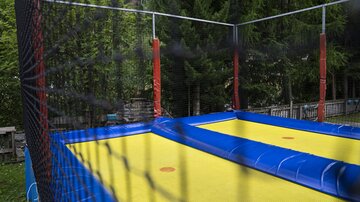 A trampoline in a garden, surrounded by trees. The jumping surface is yellow and the enclosure is red.