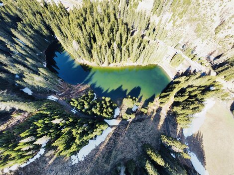 Ein malerischer See umgeben von dichten Nadelbäumen. Die klare Wasseroberfläche spiegelt die Natur wider.