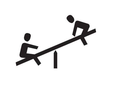 Zwei stilisierte Figuren auf einer Wippe. Eine Figur sitzt auf der einen Seite und die andere auf der anderen Seite.