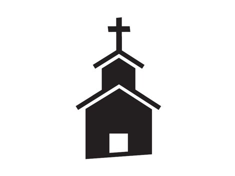 Eine einfache schwarze Schattensilhouette einer Kirche mit einem Kreuz auf dem Dach. Die Struktur zeigt ein klassisches Design mit zwei Dächern.